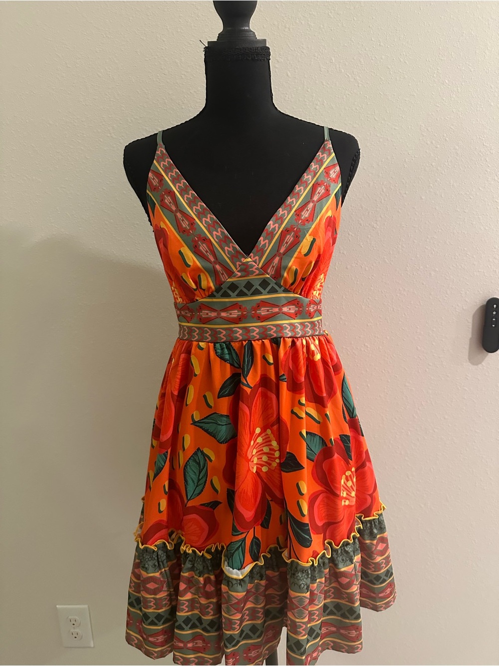SHEIN Orange Floral V-Neck Sundress with Green Leaf Accents